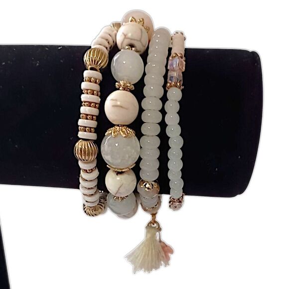 Glass Beaded Stacked Bracelet Rows Beads Floral Neutrals Y2K Boho Fairy Indie - Picture 8 of 16